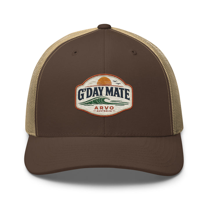 ARVO G’Day Mate Trucker Cap in Brown/Khaki – front view